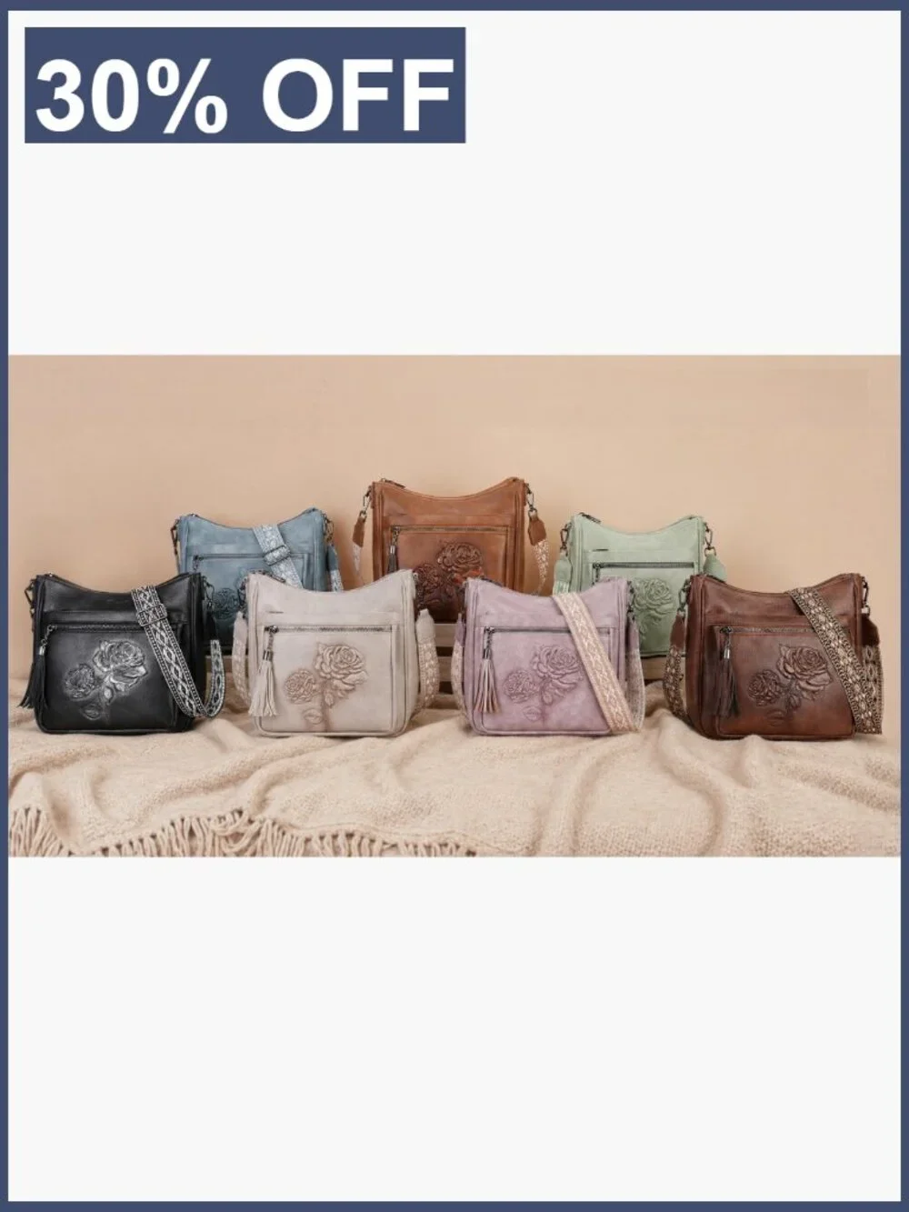 Vegan Leather Hobo Crossbody Bag - Embossed Floral, Adjustable Strap, Multi